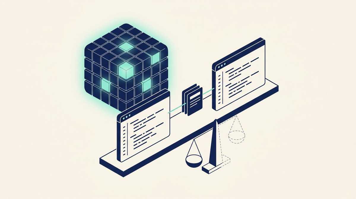 Two terminals wired to the same stack of tasks, beside a large block of cubes with only a few lit, on a scale still being weighed