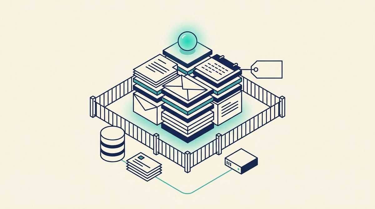 An office suite of stacked document, mail and calendar tiles with an assistant orb on top inside a fence, while a database and a CRM card stack sit outside the fence, reached only by a cable from a separate small server