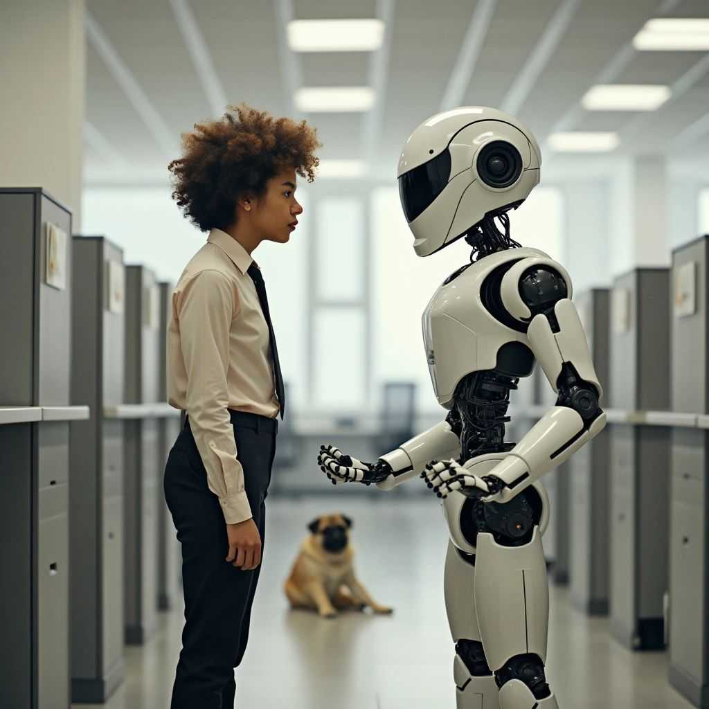 Un employé de bureau et un robot humanoïde face à face dans une allée de bureaux