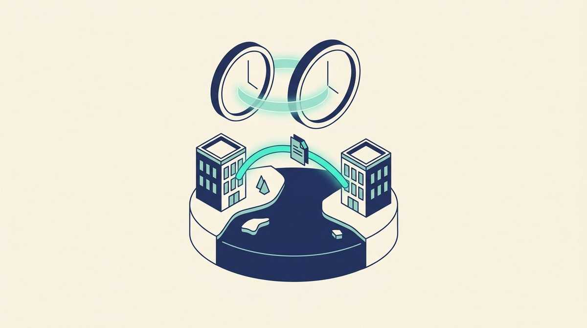 Two office buildings on opposite shores linked by a glowing arc carrying a document, with two clocks above them overlapping in a shared band