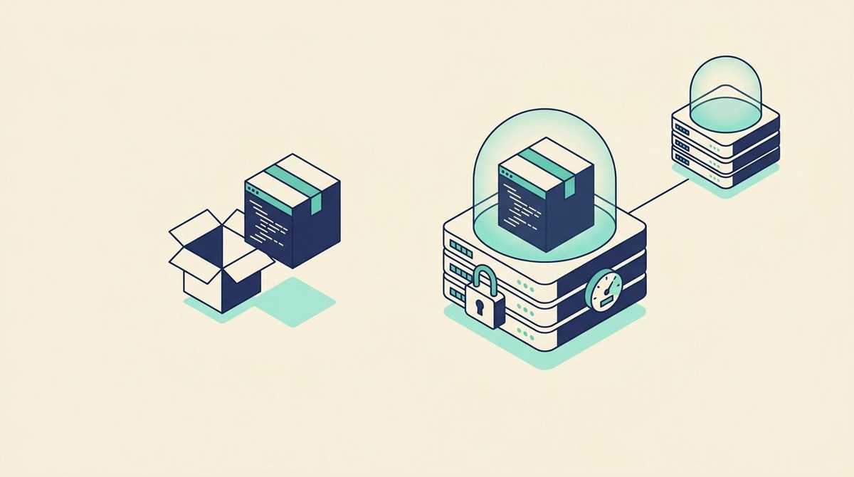 On the left, code handed over as a parcel from an open box; on the right, the same code running on a protected server platform with a lock, a gauge and a linked standby copy