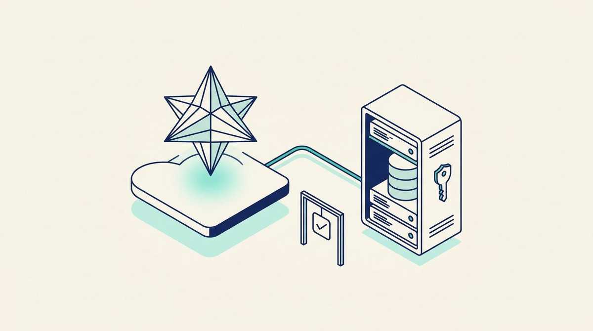 A faceted star above a cloud platform, linked by a cable through a checkpoint gate to a server rack holding a database and a key
