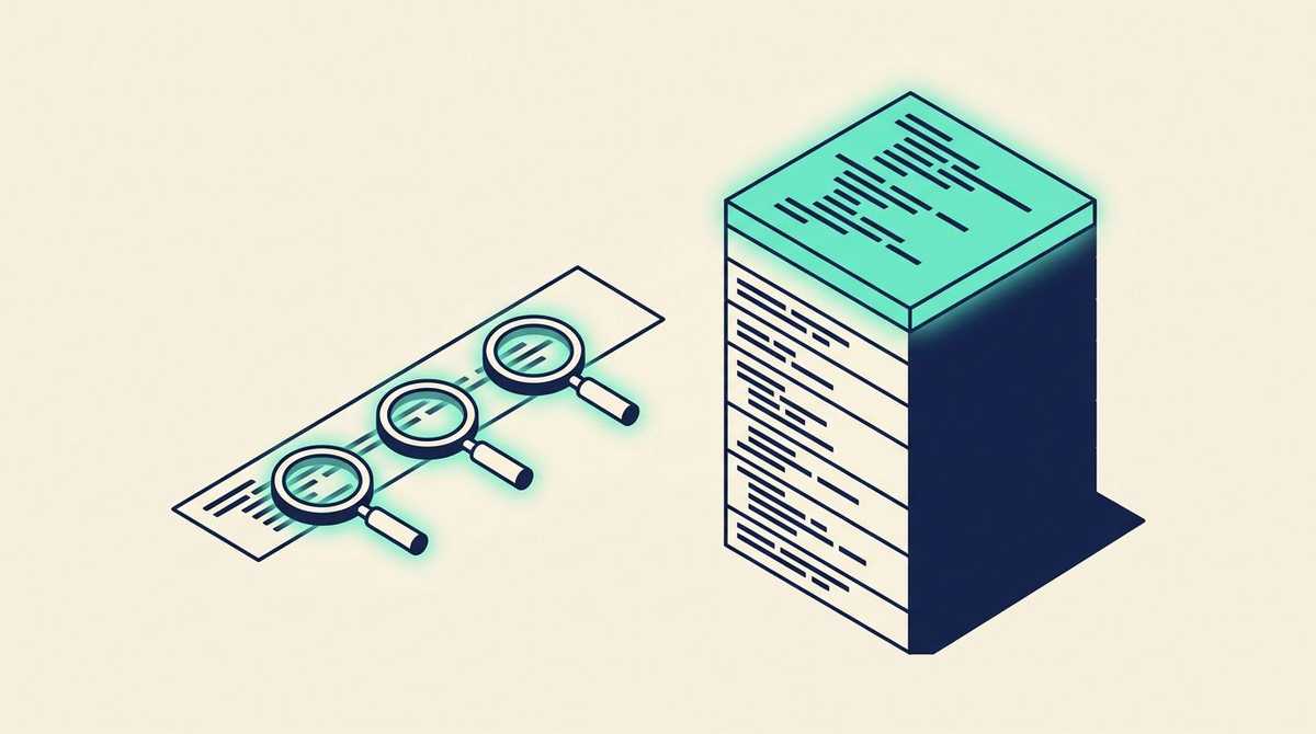 Three magnifying lenses scanning a thin strip of code beside a tall block of stacked code where only the top slice is lit