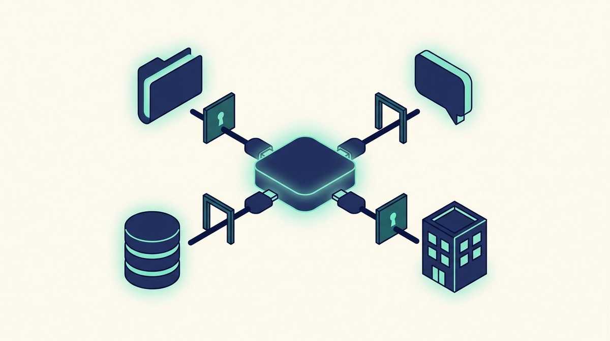 A central assistant hub linked by cables to a folder, a chat bubble, a database and an office building, each cable passing through a locked gate, one of which is closed
