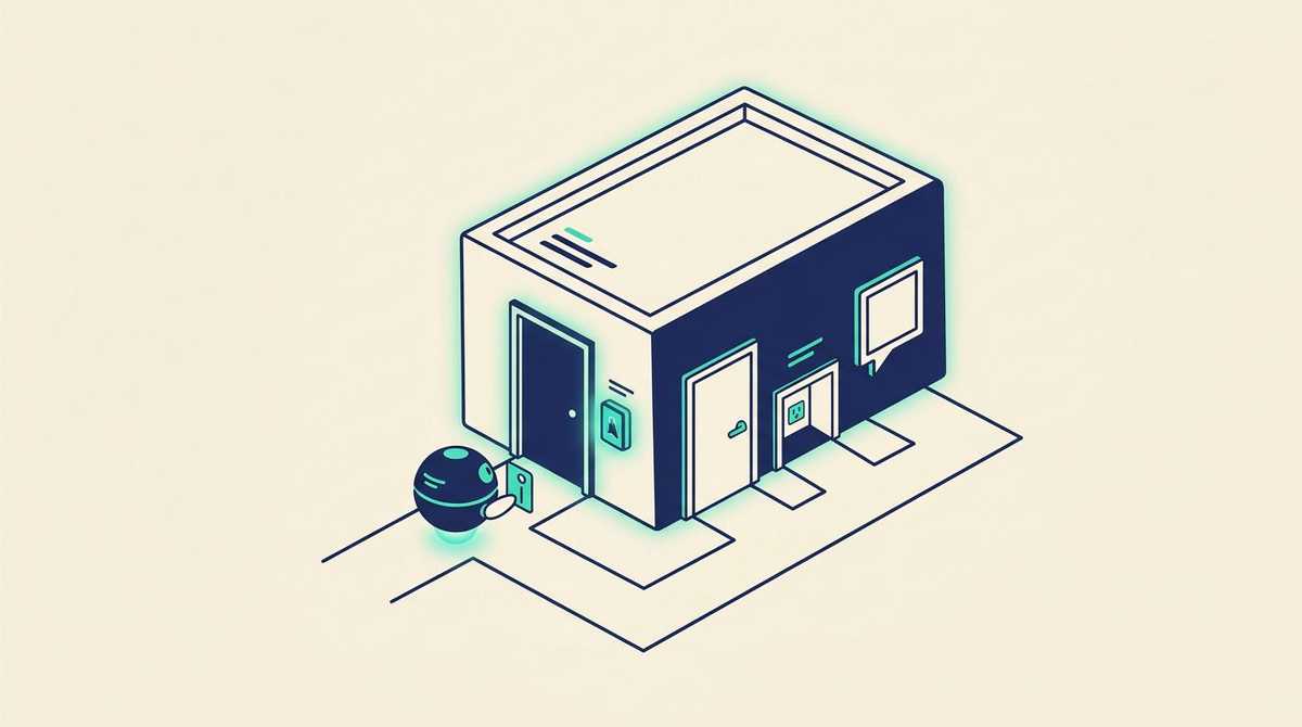 A small shop with a key-card reader at its door, an assistant orb approaching with a card, and three entrances: a door, a socket hatch and a speech-bubble window