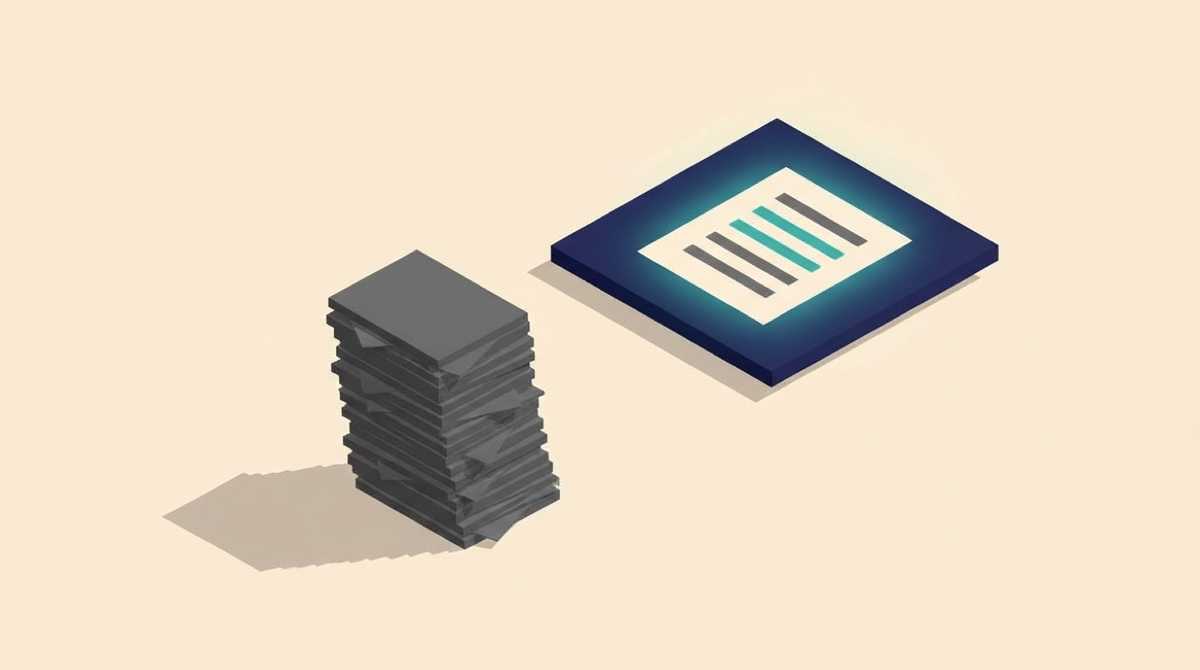 Une haute pile de feuilles grises prête à basculer, à côté d'un cahier des charges d'une seule page, lumineux, à quelques lignes