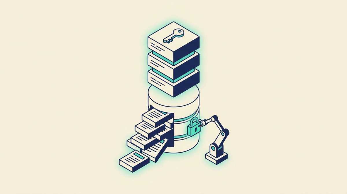 A quickly built app with a key left on top and database rows spilling out of an open side, while a mechanical arm fits a lock onto each row