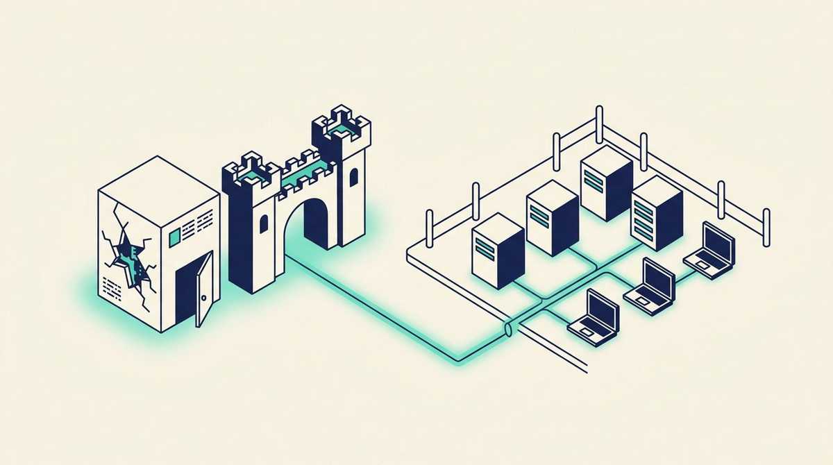 A cracked security appliance with its door ajar at a castle gate on the edge of the network, while on the right servers with no outward doors connect to laptops through private underground tunnels