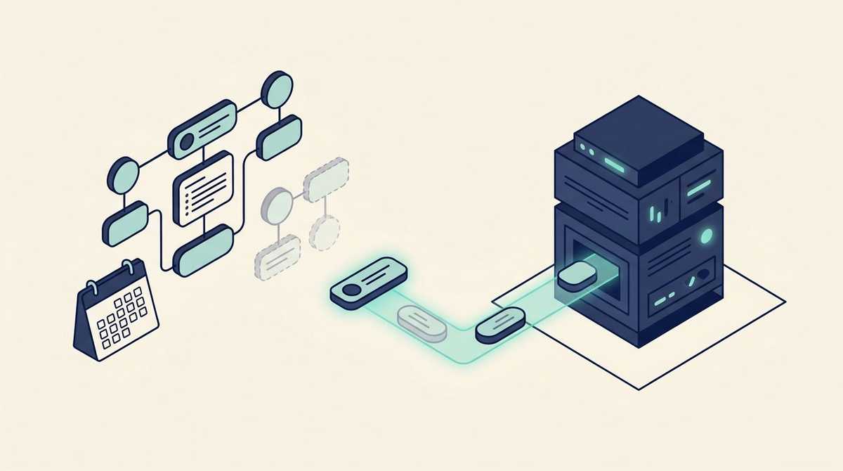 A visual workflow canvas with fading nodes next to a calendar, while a glowing path carries the same nodes into a solid code machine