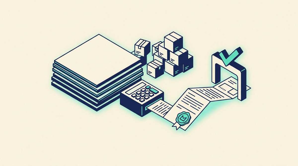 A stack of large porcelain tiles beside a calculator block printing a sealed quote document that passes through an approval gate, with loose boxes neatly rounded into a full stack