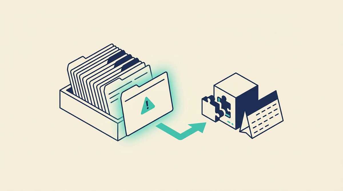A tray of index cards with one card pulled forward and glowing with a warning sign, an arrow leading to a server receiving a patch piece, next to a calendar