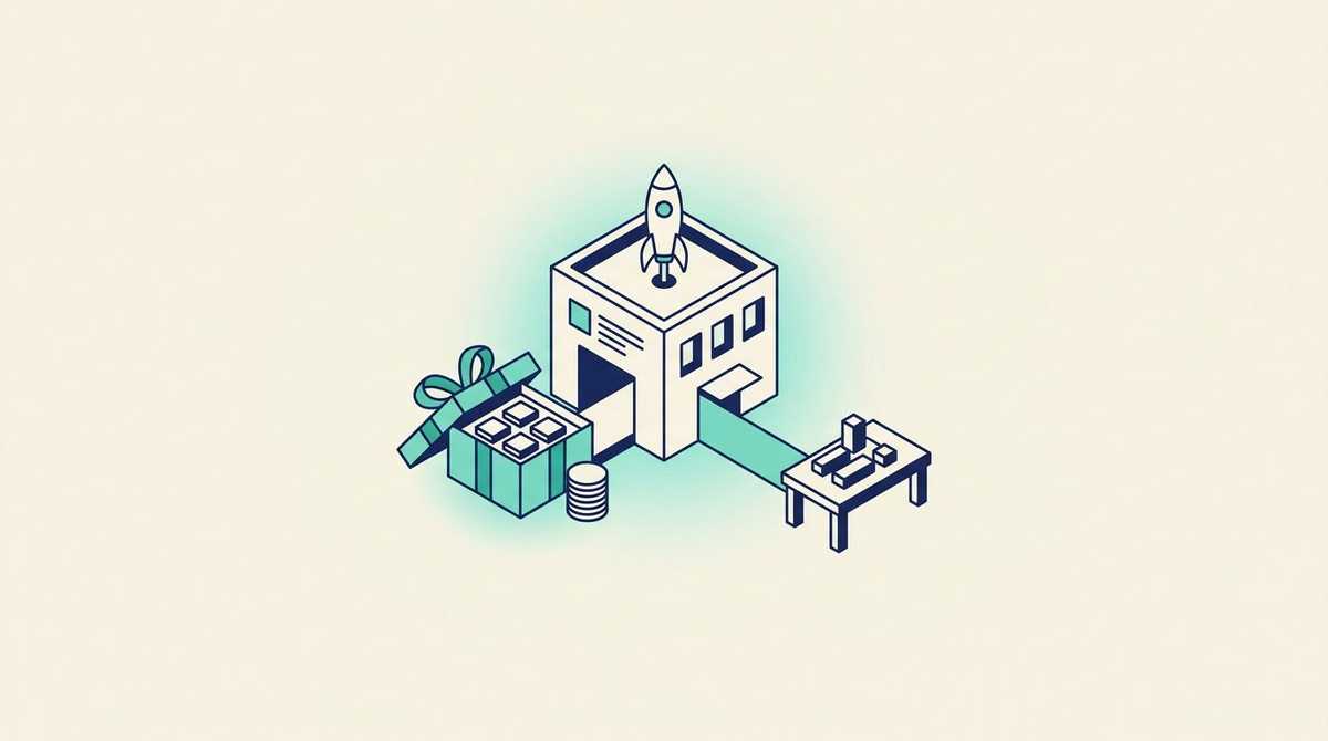 A small startup building with a rocket on its roof receiving a gift box of seats and credit tokens, with a path to a workbench where a product module is being assembled