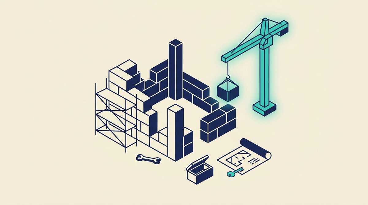 Une construction isométrique à moitié bâtie, laissée avec son échafaudage vide et une clé tombée au sol, et une grue turquoise qui arrive sur le côté pour remettre un bloc en place, à côté d'une boîte à outils ouverte et d'un plan roulé sur lequel repose une clé