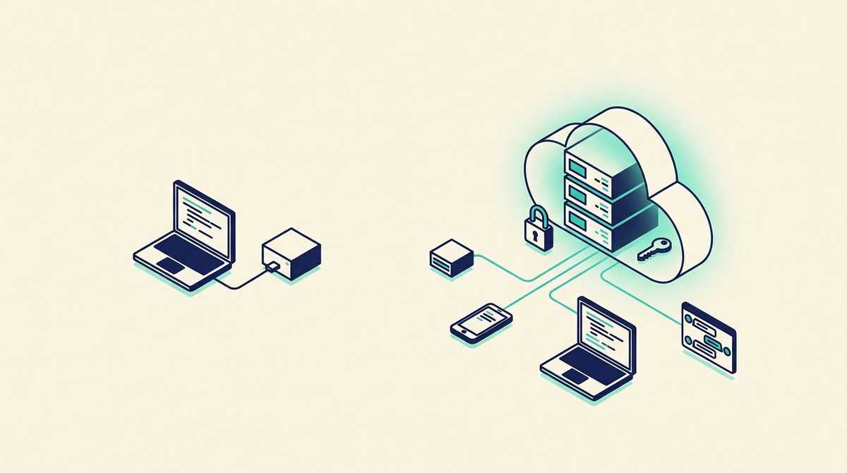 A laptop with a small local box on one side, and on the other a cloud server with a padlock and a key reached by a phone, a laptop and a chat panel