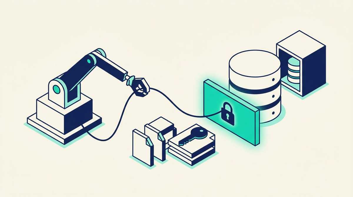 A robot arm reaching for a database through a cable, with a loose key lying on a file nearby, stopped by a glowing locked barrier, while a separate vault behind the database holds a backup