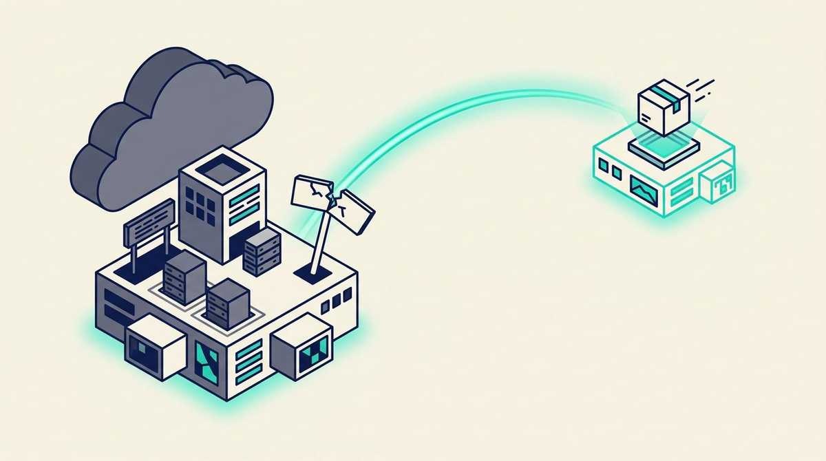 A data center region with three zone buildings dimmed under a dark cloud and a broken signpost, with a glowing arc carrying a backup package to a smaller region in the distance
