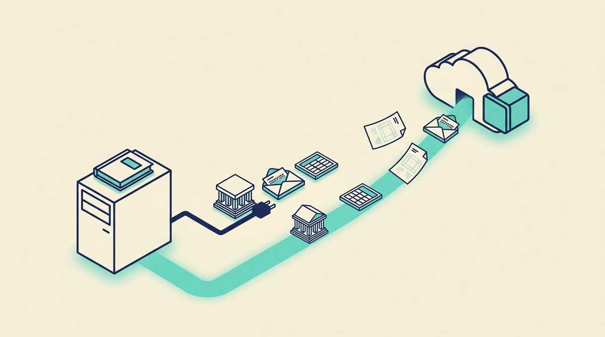 An old desktop tower with a ledger on top, its cables to a bank, a payroll envelope and a spreadsheet being unplugged, while a glowing path carries pages and those same pieces to a cloud with a new module attached