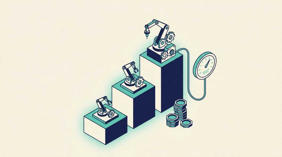 Three blocks of rising height topped with increasingly complex robot arms, next to a stack of coins and a meter connected to the tallest block