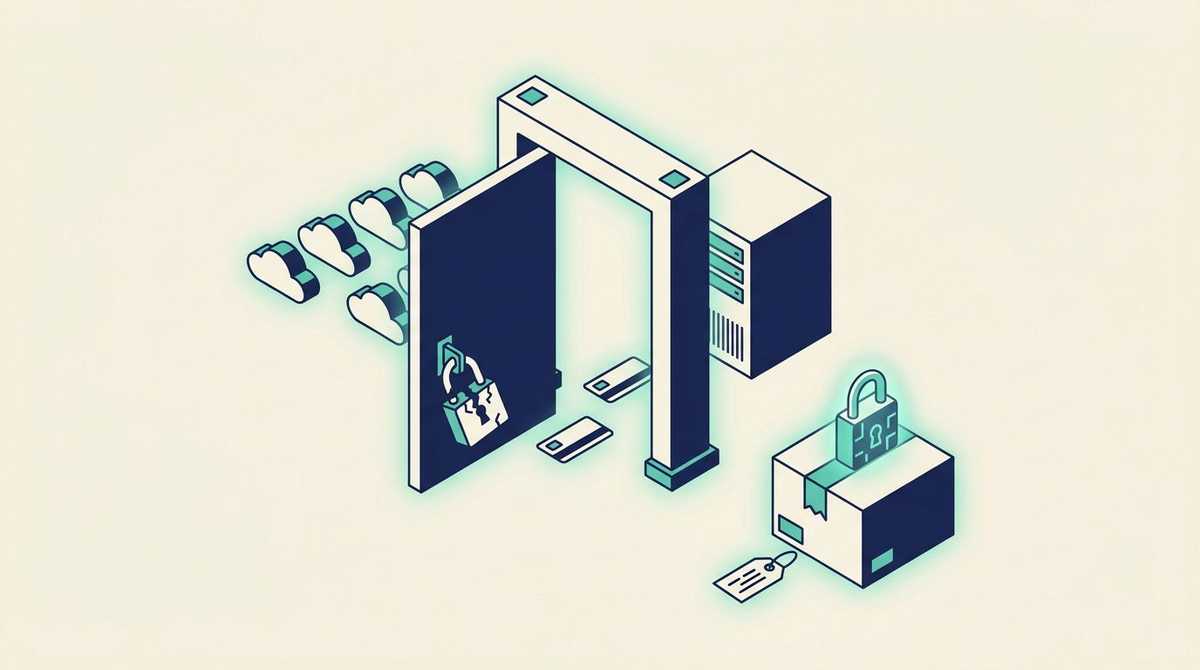 A gateway between AI model clouds and a company server with its door open and a cracked padlock, key cards slipping through, beside a sealed box with a glowing lock and a pinned version tag