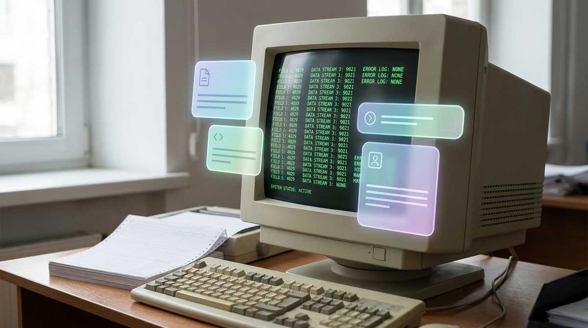 Un vieil écran cathodique qui affiche encore du texte vert, entouré de panneaux d'interface modernes qui flottent autour