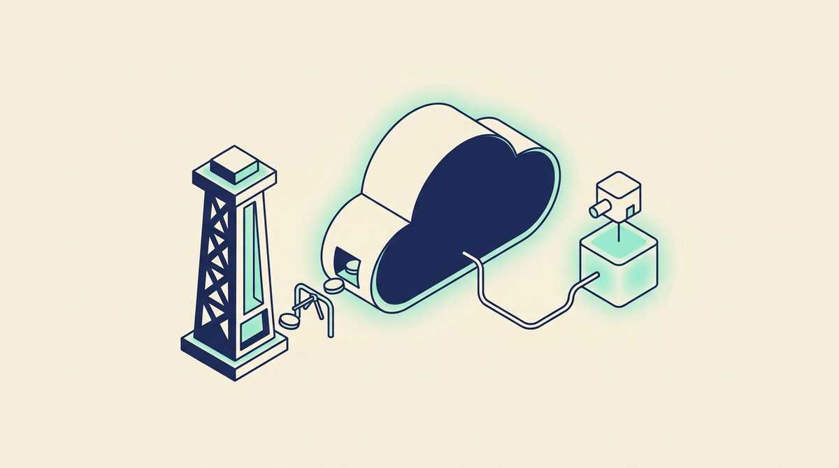 A CRM cloud fed on one side by a meter tower dropping coins through a turnstile, and on the other by a single cable to a small server with an assistant plugged in