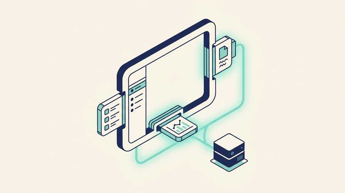 A chat window frame with application cartridges slotting into it, a sidebar, a document viewer and a chart, all wired to a small company server behind it