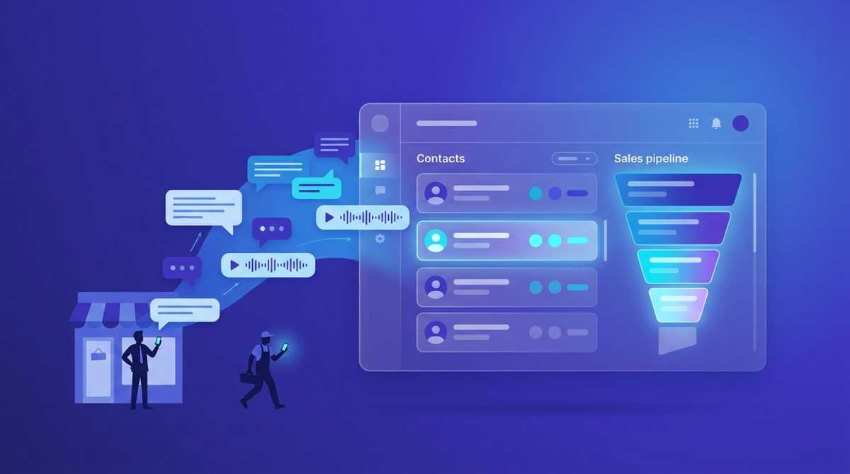 Field reps sending WhatsApp and voice updates that flow into a CRM pipeline