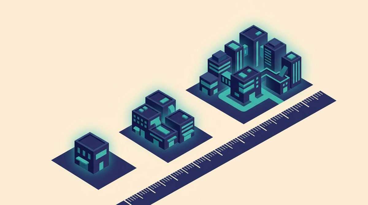 Three isometric clusters of buildings in increasing size, from a single building to a full district, lined up along a graduated measuring rule