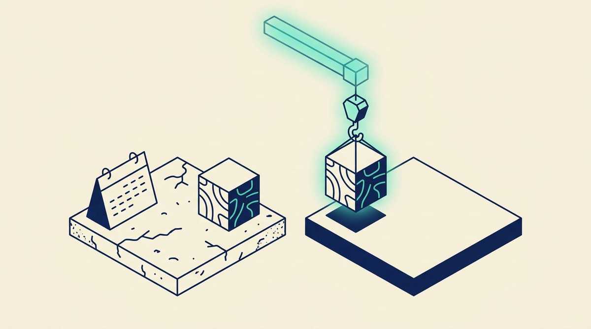 An application block on a cracking foundation next to a calendar, lifted by a glowing crane onto a new solid foundation