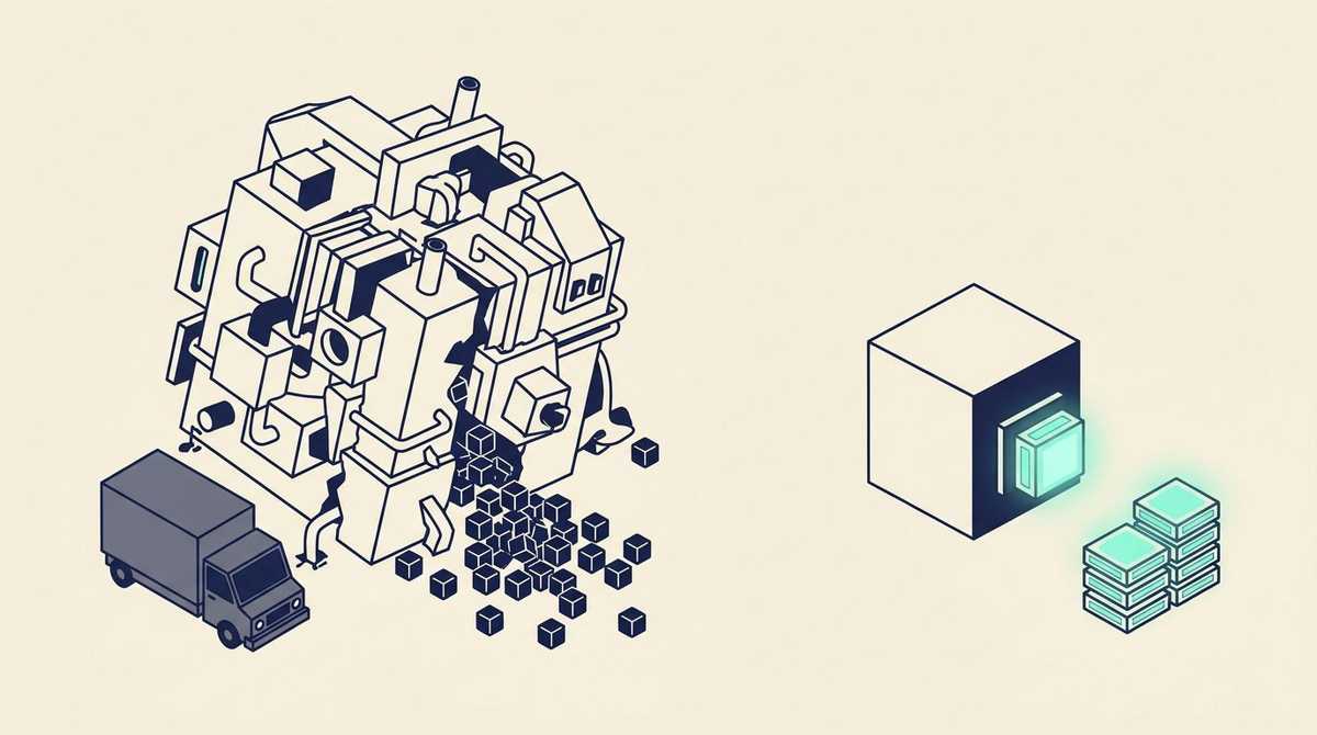 A huge tangled machine leaking cubes next to a stalled delivery truck, beside a steady core block with one clean glowing module attached and others waiting in line
