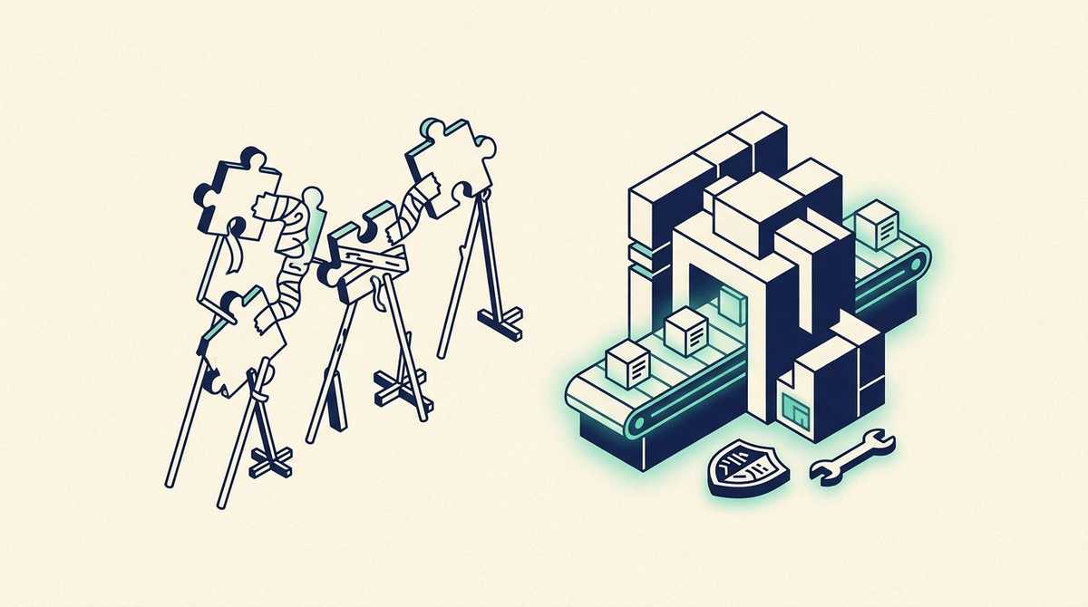 On the left a fragile chain of taped puzzle pieces propped on sticks, on the right a solid machine moving documents along a glowing conveyor, with a shield and a wrench beside it