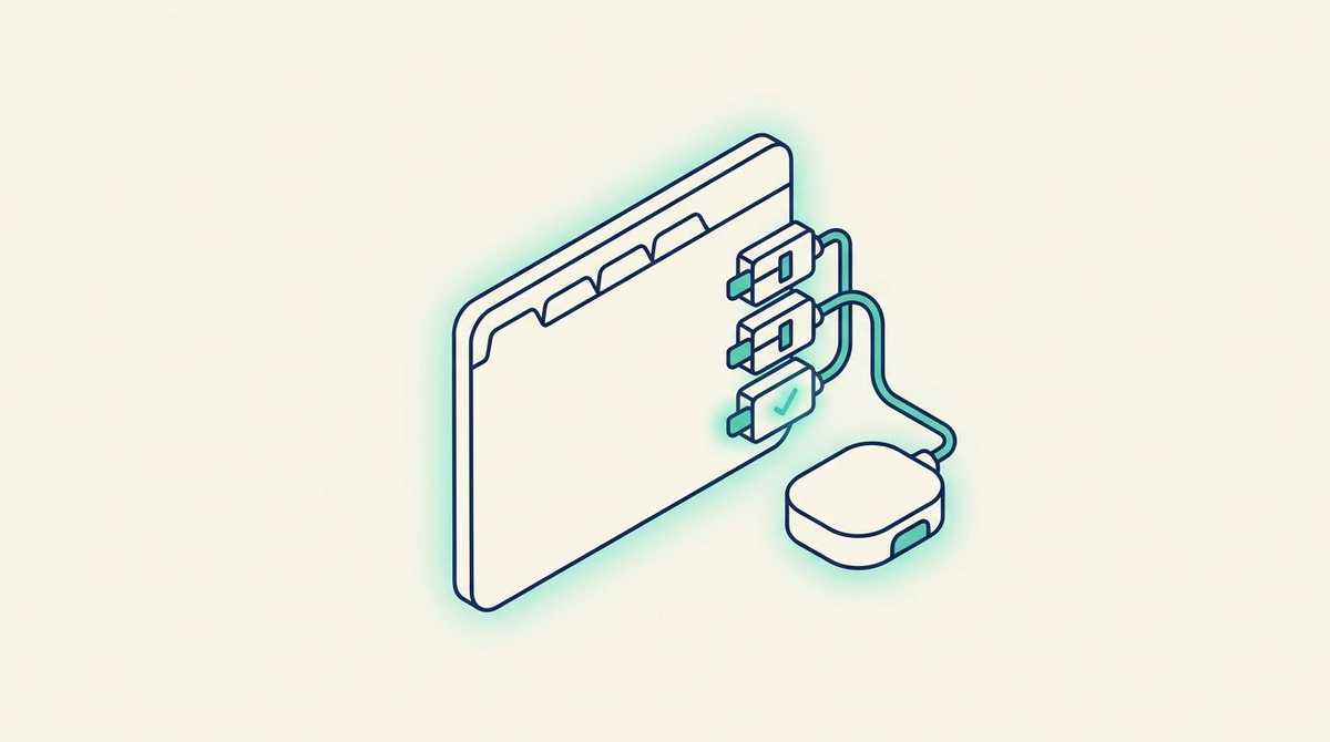 A browser window with three tool plugs on its side, each behind a small gate, connected to an assistant hub, with one tool showing a confirmation check before it activates