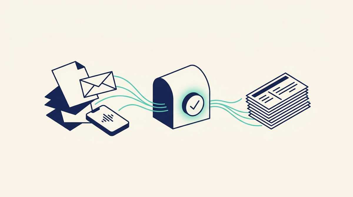 Paper sheets, an email and a voice note flowing through a checkmark into a neat stack of structured records