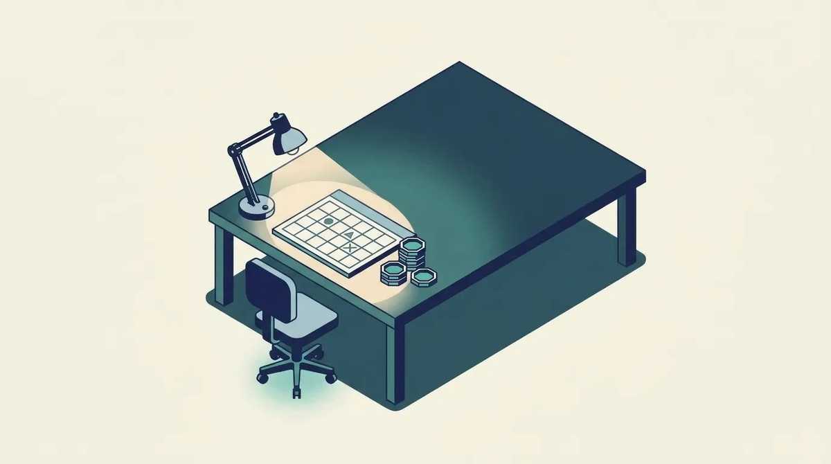 A desk lamp lighting one corner of a large, mostly dark table, where a calendar with two or three marked days lies beside a short stack of coins and an empty chair