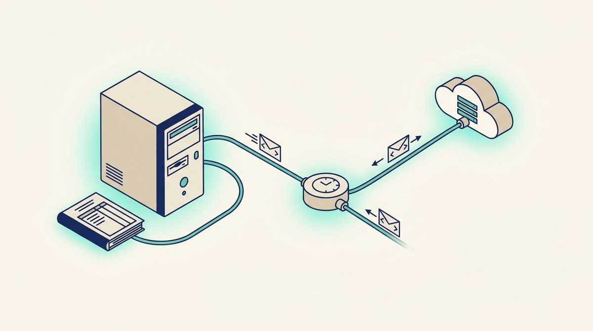 A desktop tower and a ledger connected through a small polling box to a cloud server, with XML envelopes travelling both ways